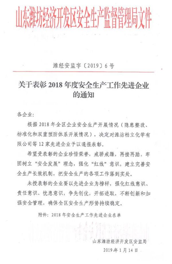 濰坊經濟開發區表彰華全集團文件